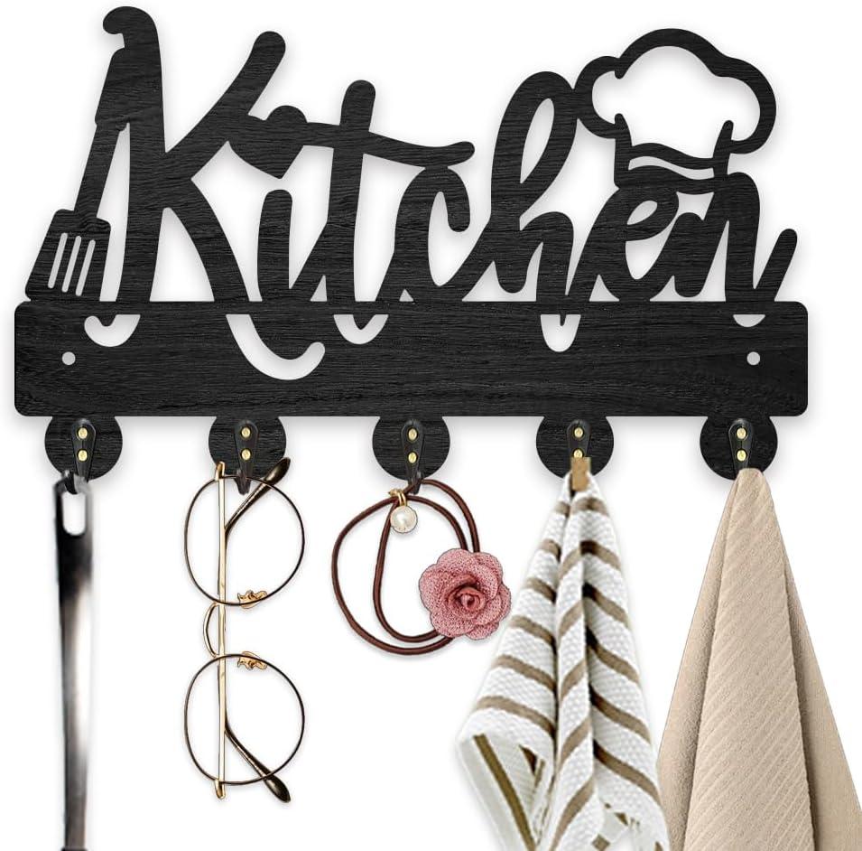 MAYJOYDIY Wooden Kitchen Key Holder for Wall 11.8×7.1 inch Chef Hat Kitchenware Wall Mounted Key Hook Rack with 5 Alloy Hooks for Entryway Restaurant Kitchen Home Art Decor