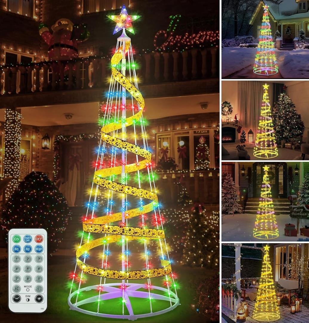 11 Modes & Timer, 6 FT LED Christmas Tree Cone Lights Color Changing, 180 LED Outdoor Christmas Cone Tree with 11 Modes Timer Remote for Indoor Outside Yard Porch Xmas Decor Multicolor & Warm White