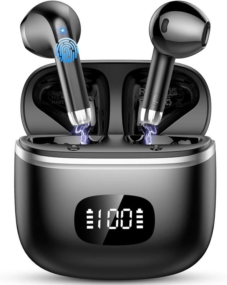 Wireless Earbuds Bluetooth, In Ear Headphones Bluetooth 5.3 with HiFi Stereo Deep Bass, Ear buds with Noise Cancelling 4 ENC Mic, Dual LED Display, 40H Playtime Earphones for Phone Pad Laptop Computer (Black)
