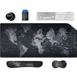 5 in 1 Keyboard Mouse Pad Set, Mouse Pad Wrist Support, Extended Gaming + Keyboard Wrist Rest Support, (34.515.7 in) Large Ergonomic Mousepad Desk Mat Combo -Black World Map (1-5 Sets-World Map)