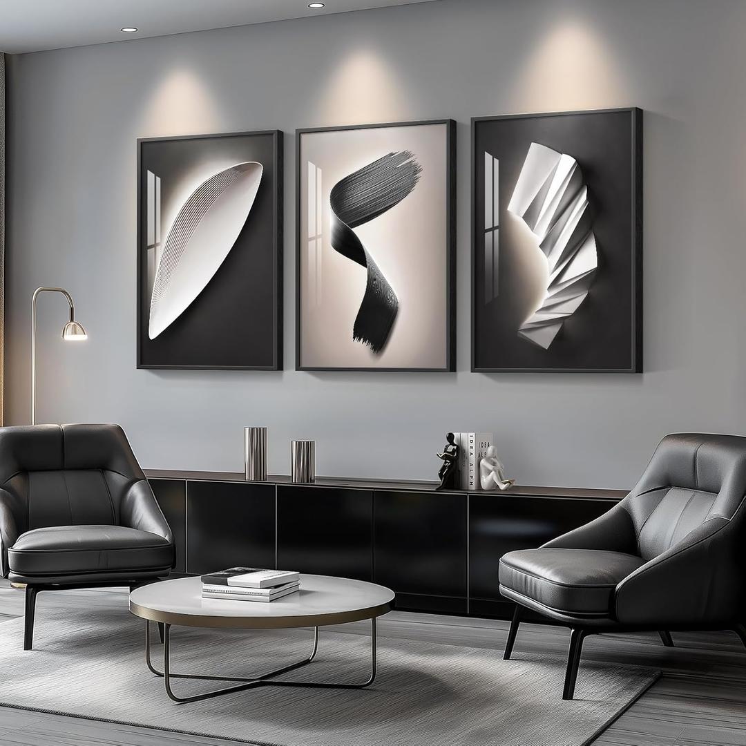 Framed Large Modern Black and White for Living Room Abstract Wall Art, Bright Style 3 Piece Wall Decor, Artwork for Walls, Paintings Pictures for Hallway, Dining, Office 24x36 Inch (36" H x 72" W, Black and White Bright Style)