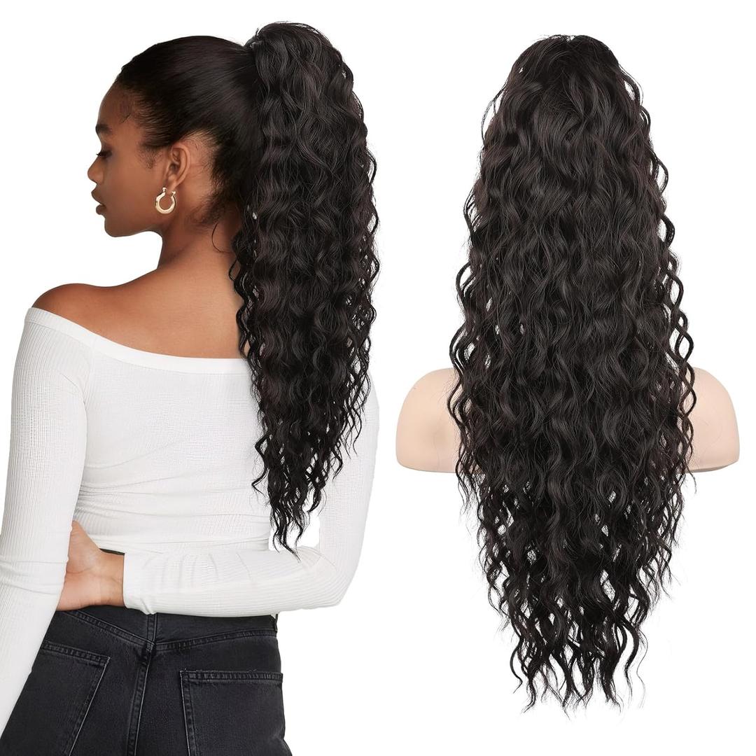 SEIKEA 24" Highlight Ponytail Extension Claw, PT002 Tia Long Multi Layered Fluffy Thick Wavy Jaw Clip in Fake Pony Tails Fake Hair Soft Natural Synthetic Hairpiece Black Brown