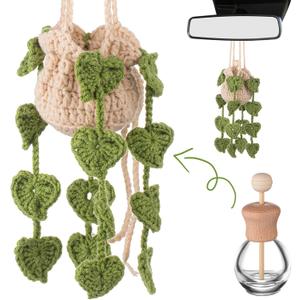 DaisyInner Cute Crochet Plant Car Freshener 12ml Empty Refillable Diffuser Bottle with Plants Hanging Accessories for Rearview Mirror Home Office Decor Women Mother's Day Gifts(Leave)