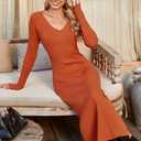 Arach&Cloz 2025 Spring Womens V Neck Long Sleeve Fishtail Sweater Dress Ribbed Knit Slim Fit Bodycon Midi Dress (Orange)