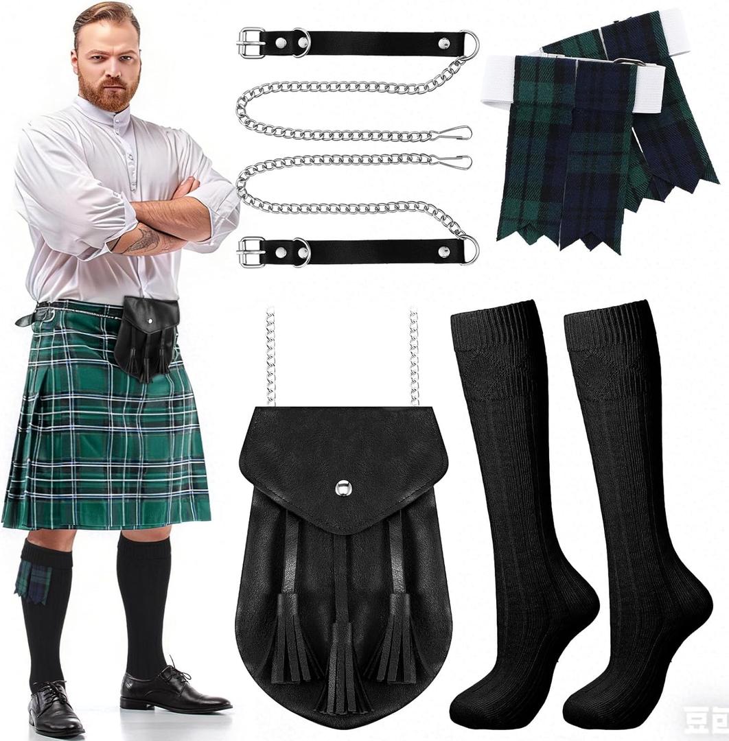 Arrowbash 3 Pcs Men Scottish Kilt Accessories Irish Traditional Scottish Socks Tartan Hose Flashes Sporran (Not Include Kilt)