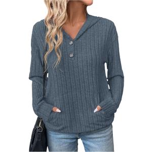 SweatyRocks Women's Long Sleeve Hoodie Sweaters Fall Ribbed Knit Casual Loose Tops with Pockets (Gray, L)