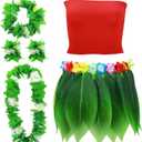 Yahenda Set of 6 Hawaiian Woman Costume Leaf Hula Skirt with Crop Top Flower Necklace and Leis Outfits for Summer Luau Party (Medium)