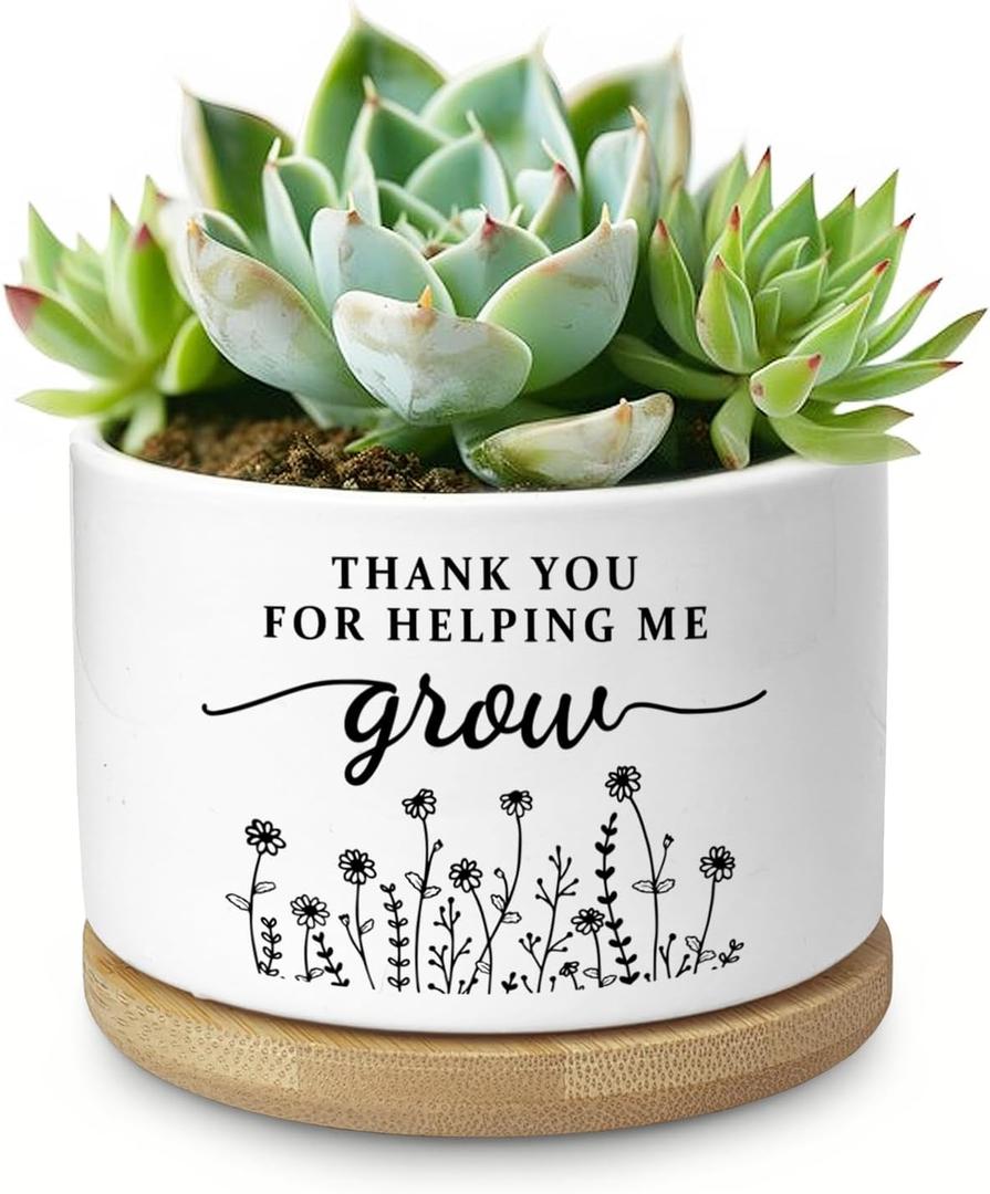 Thank You Teacher Appreciation Gift, Succulent Planter, Flower Cactus Plant Pot, Appreciation Gifts for Teachers Mom Women, Teacher Gifts Thank You for Helping Me Grow (No Plants)