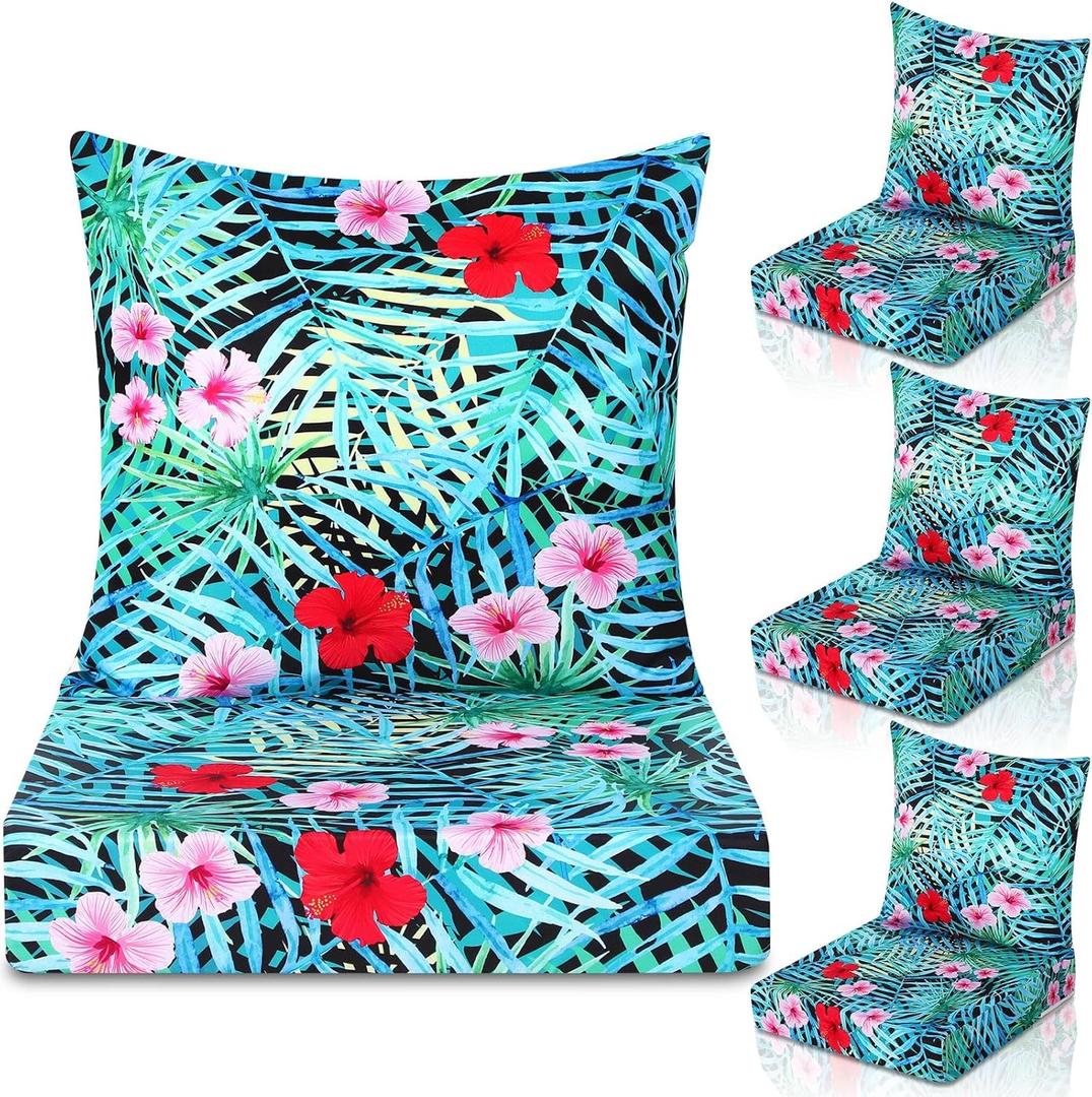 Hoteam 4 Set Outdoor Chair Patio Cushions 20 x 20 Inch Deep Seat Waterproof Chair Cushions for Patio Furniture Set Replacement Removable Seat and Back (Tropical Plant)