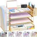 OPNICE Desk Organizers and Accessories, 4-Tier Office Desk Accessories & Workspace Organizers with Drawer and Pen Holder, Desktop Paper Tray File Organizer for Home Office Supplies, Gold