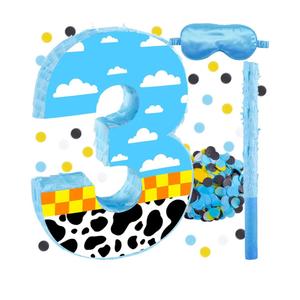 16 Inch Number 3 White Cloud Pinata with 16 Inch Piñata Stick Blindfold Confetti for Boy Girl Kids 3rd Birthday Party Decorations(3rd)