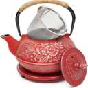 Juvale Japanese Cast Iron Teapot with Infuser - Red, 27 oz (800 ml), 3-Pc Teapot Set - Stovetop Kettle for Loose Leaf Brewing - Removable Stainless Steel Infuser & Trivet Included