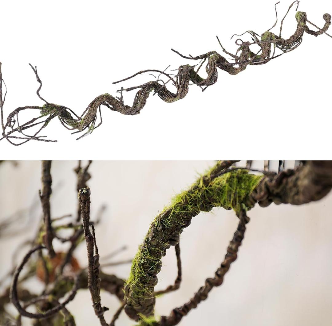 1Pcs 71inch Bendable Artificial Floral Grapevine Garland Fake Realistic Woody Tree Branches Plants Twigs Stems Trunk with Moss for Outdoor Mantel Wall Hanging Garden Halloween Jungle Room Decoration