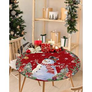 Christmas Snowman Round Table Cloth Fitted Tablecloth,XMAS Tree Wreath Red Table Cover with Elastic Edge Waterproof Table Cloth,Pine Cone Light Ball Circle Table Covers for Kitchen Indoor 45-54in