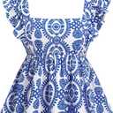 Floerns Women's Summer Boho Cute Square Neck Ruffle Cap Sleeve Blouse Smocked Peplum Top (Large, Blue)