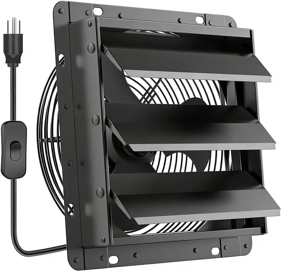 HG Power 10 Inch Shutter Exhaust Fan, 647CFM Quiet Garage Exhaust Fan with 8 Foot Long ON/OFF Switch Cable for Chicken Coop, Shed, Basement, Gable, Kitchen, Attic Ventilation Use, Black