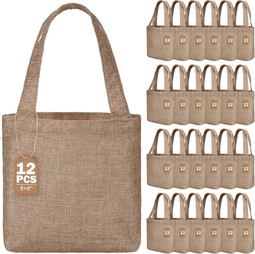 Aliceset 12 Pcs Mini Burlap Tote Bags with Handles Small Jute Gift Bags Bulk with Tags Reusable Wedding Bridesmaids Welcome Teachers Burlap Bag for DIY Party Favors (8 x 8 x 3.2 Inch,Earthy Brown)