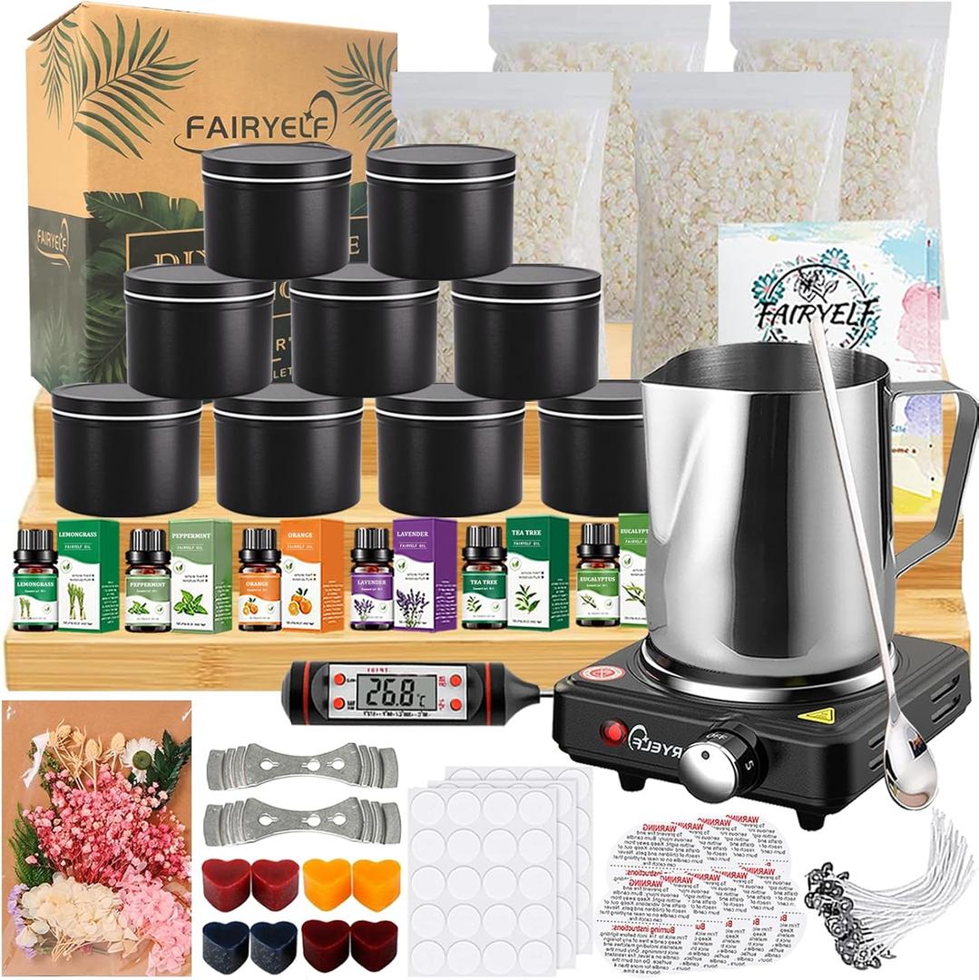 FAIRYELF Candle Making Kit for Adults with Soy Wax Wax Melter, Complete Candle Making Supplies, DIY Starter Scented Candle Wax Kit, Perfect as Home Decorations