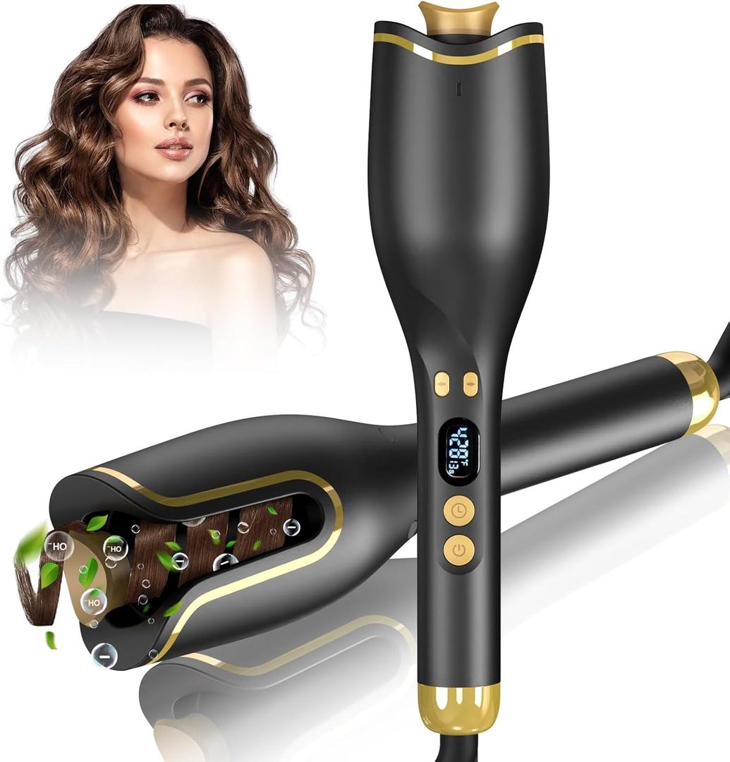Automatic Curling Iron, Hair Curler 1" Large Slot, 4 Temperature Settings, 12s-19s Timers, Dual Voltage, Anti-Scald, Anti-Tangle, Auto Shut-Off, LCD Display, Fast Heating Easy for Use, Black