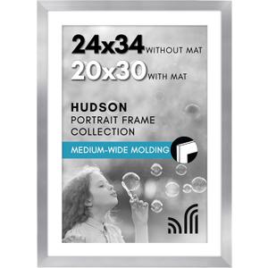 Americanflat 24x34 Poster Frame with Polished Plexiglass - Use as 20x30 Frame with Mat or Display 24x34 Photo Without Mat - Hudson Collection - Wide Picture Frames for Wall Display - Silver