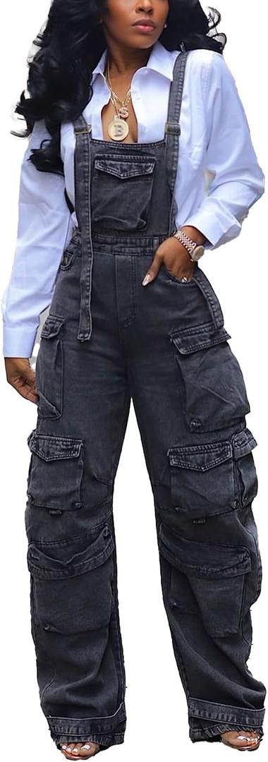 YOOTIKO Women Denim Overalls Jean Jumpsuit Cargo Pants Baggy Straight Leg Bib Jean Romper Streetwear (Black, XXL)