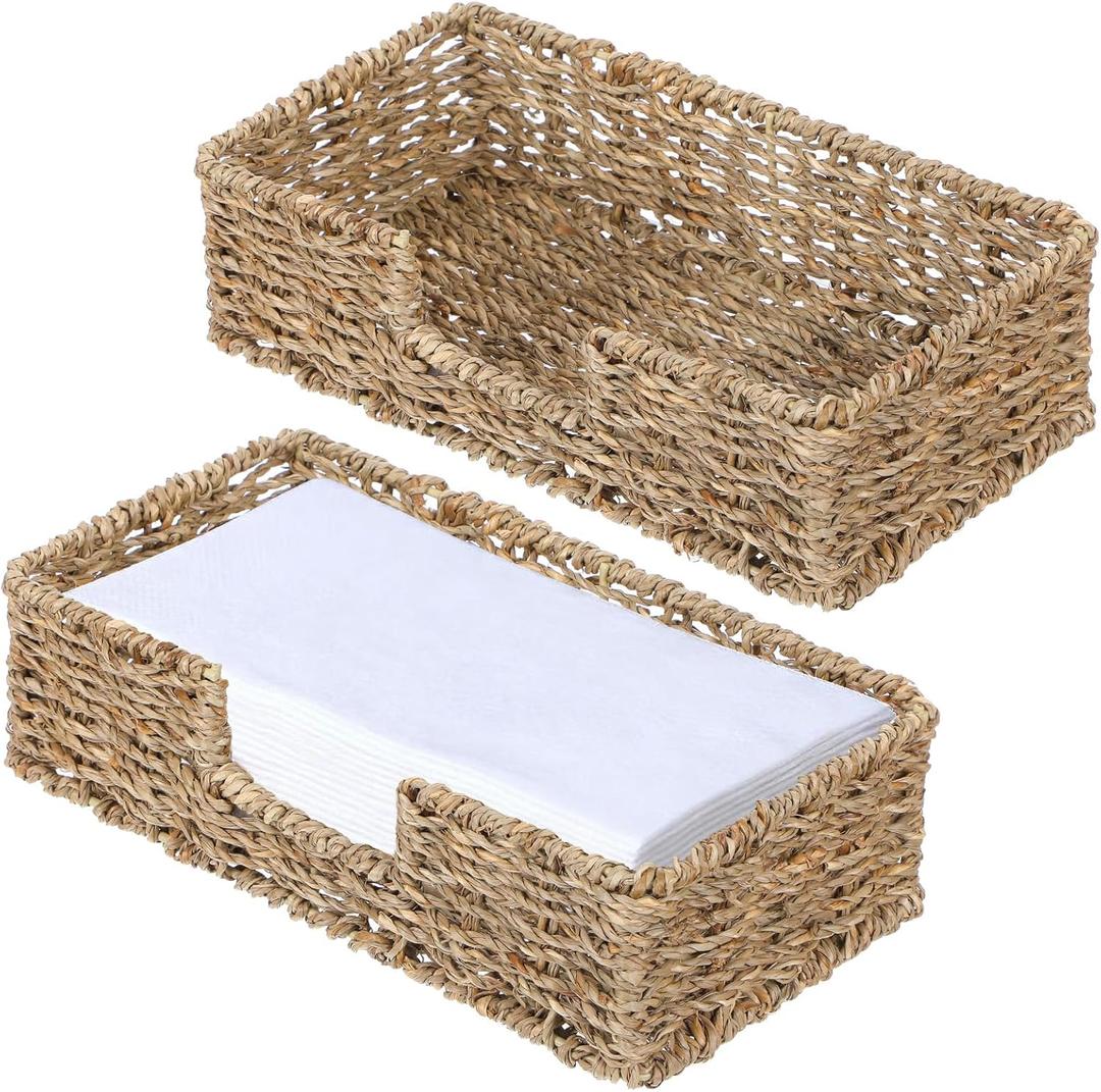 2Pcs Napkin Holder for Bathroom, Wicker Counter Rectangular Bathroom Napkin Holder for Ktichens, Woven Hand Towel Basket Tray for Home, Kitchen, Hotel, Farmhouse