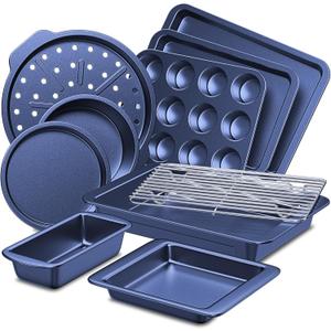 HONGBAKE Bakeware Sets, Baking Pans Set, Nonstick Oven Pan for Kitchen with Wider Grips, 10-Piece Including Rack, Cookie Sheet, Cake Pans, Loaf Pan, Muffin Pan, Pizza Pan - Blue
