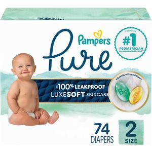 Pampers Pure Baby Diapers, Size 2 (12-18 lbs), 74, Up to 100% Leakproof, Premium Hypoallergenic Soft Diapers