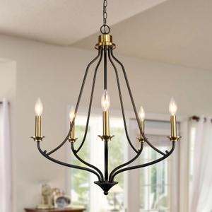 Matt Black & Brass Chandelier 5-Light, 25" Brushed Gold Modern Farmhouse Pendant Lighting for Kitchen Island, Dining Living Room