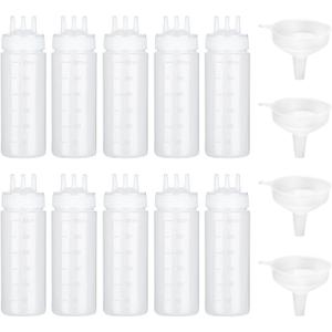 3 Hole Squeeze Bottle for Sauces, Plastic Squeeze Condiment Bottles Tomato Sauce Dispensers for Ketchup BBQ Dressing Paint Workshop Pancake Art Craft with 2 Funnels (10oz-10pcs)