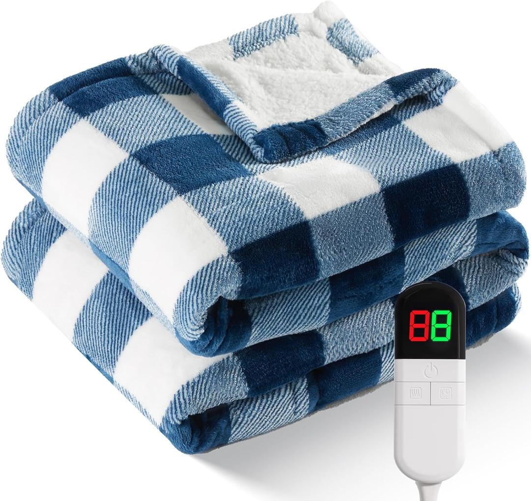 Electric Heated Sherpa Buffalo Plaid Christmas Throw Blanket with 8 Heating Levels & 8 Hours Auto Off, Fast Heating Warm Plush Washable Blanket with Over-Heat Protection, ETL Certification, Blue (Throw-50" x 60")