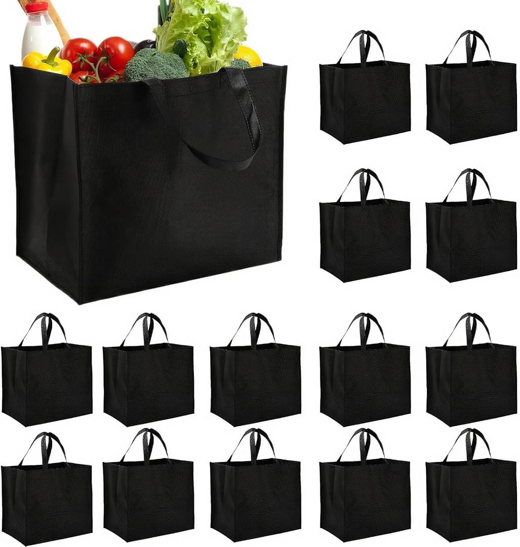 Tosnail 15 Pack Large Reusable Grocery Tote Bags, Foldable Shopping Bags with Durable Handles, Fabric Grocery Carry Bag - Black