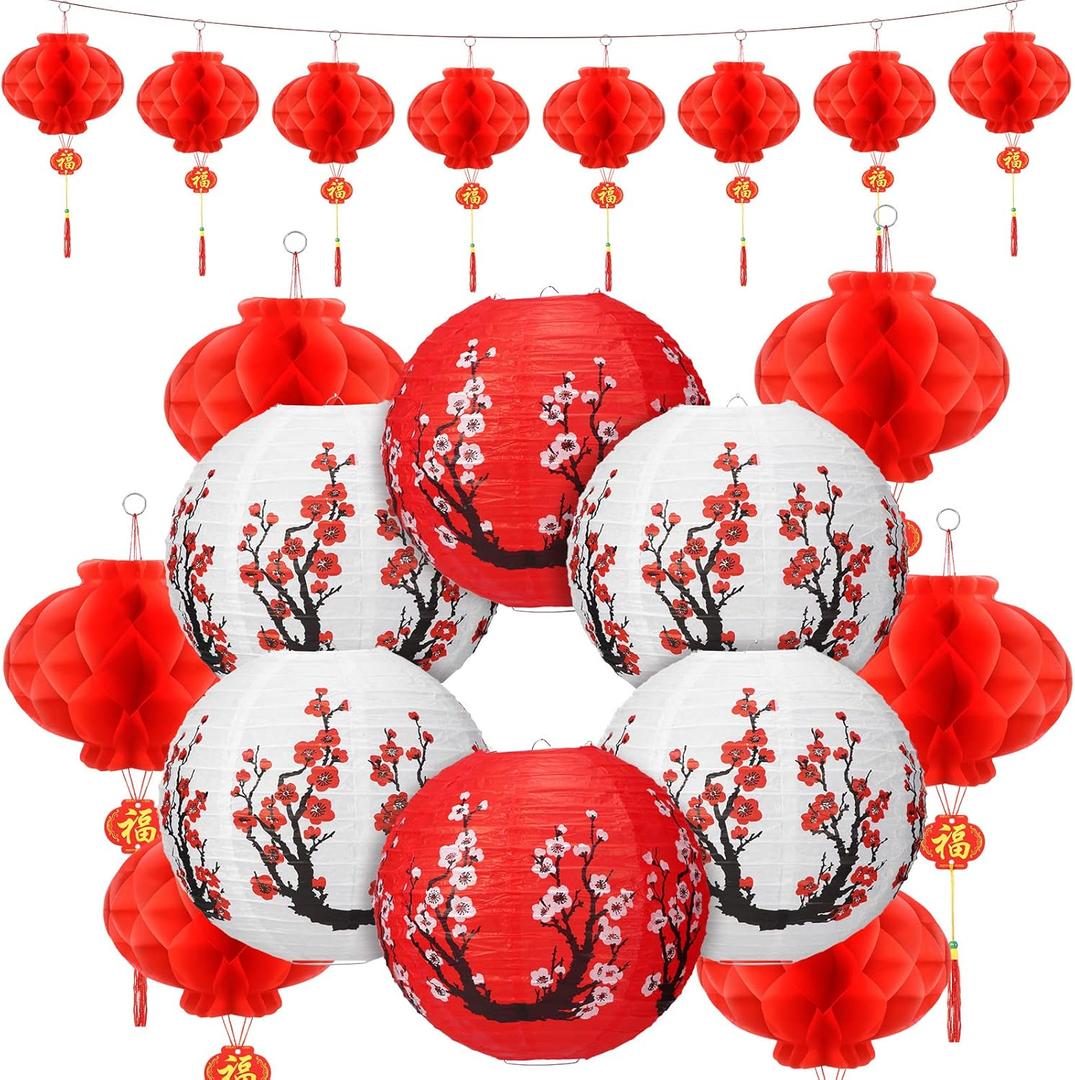 Fumete 20 Pcs 12 Chinese Japanese Paper Lanterns and 8 Red Chinese New Year Lanterns Japanese Hibachi Party Decor Cherry Blossom Hanging Decorations for Spring Festival Home Restaurant(Red, White)