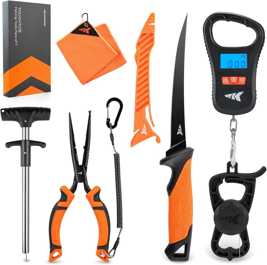 KastKing ToughTide Fishing Tool Kit, Rechargeable Digital Fish Scale with Lip Grip & Tape Measure, 7 Fillet Knife with Sheath & Sharpener, 8 Split Ring Fishing Pliers