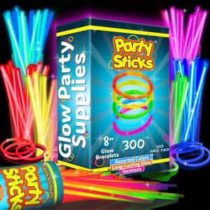 PartySticks Ultra Bright Glow Sticks Bulk Party Supplies 300 Pack - 8" Glow in the Dark Light Up Halloween Party Favors, Glow Decorations, Neon Party Necklaces and Bracelets with Connectors