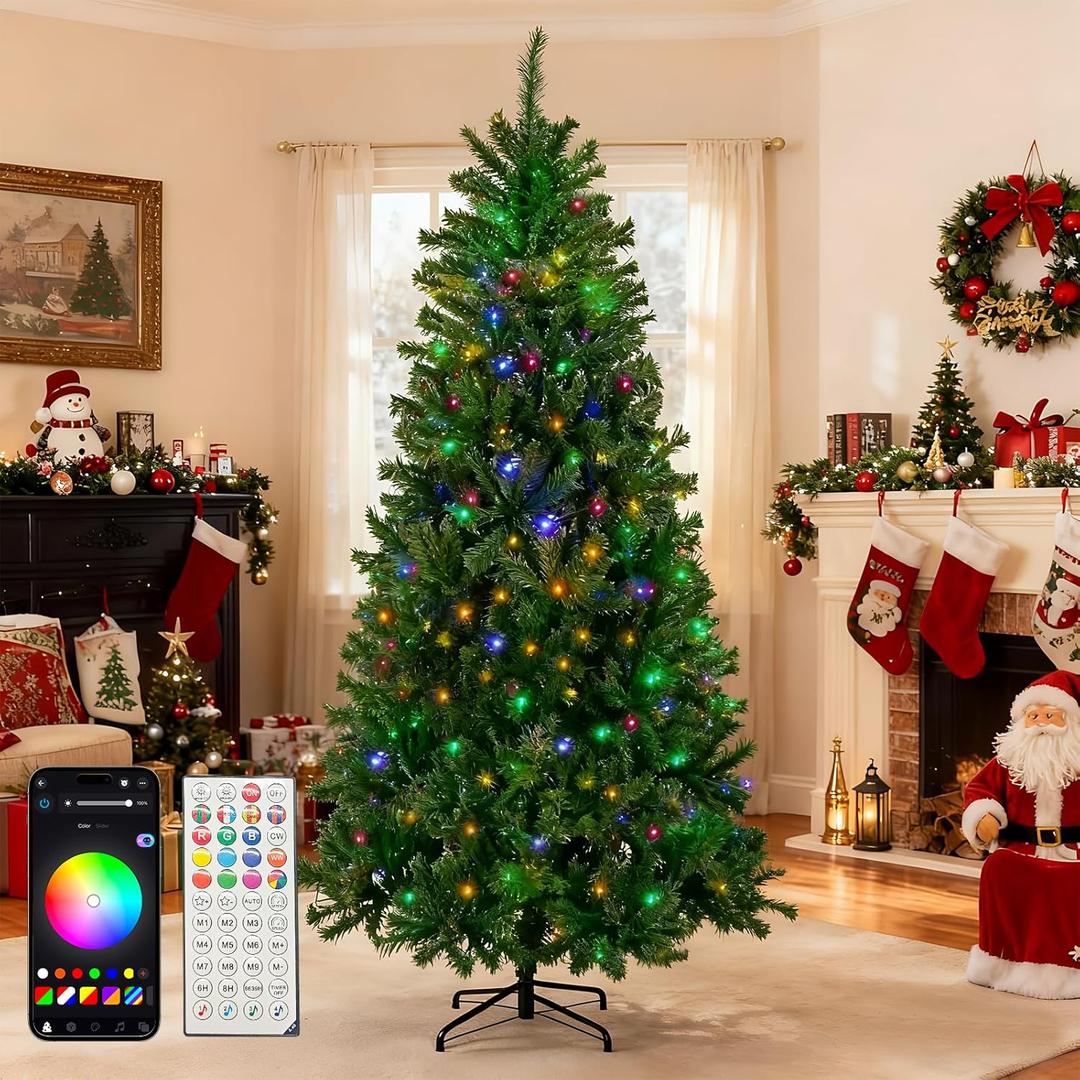 7.5ft Smart Prelit Christmas Tree with 407 LED Lights, 16M Color Changing, APP & RemoteControl, Group Control, Music Sync, Timer, Prelit RGB Artificial Christmas Tree with Metal Base