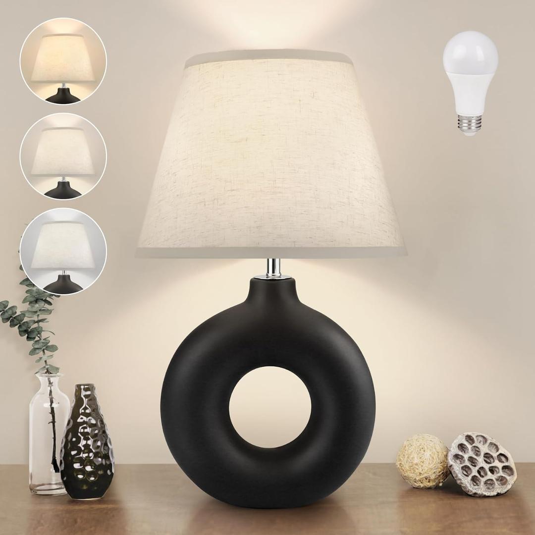 Black Ceramic Table Lamp for Living Room Bedroom, 21" Modern Bedside Lamps with 3 Color Temperature Farmhouse Rustic Table Lights for Night Stands, Dorm, Office, Home Dcor (Bulb Included) (Black)