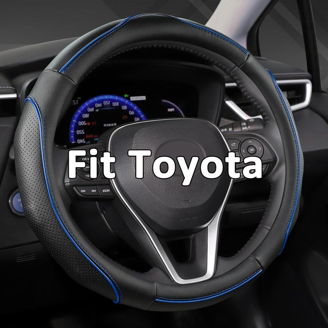 West Llama 3D Leather Steering Wheel Cover for Toyota, Premium Non-Slip Piping Design, Custom Fit for 14.5-15 inch, Stylish & Durable(Black+ Blue Line-Standard Size)