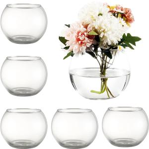 Round Glass Vases Set of 6, Clear Flower Vases for Centerpieces, Glass Bowl Vase, Small Round Vase for Living Room, Bedroom, Kitchen, Dining Table, Office, Wedding, 4 Inches