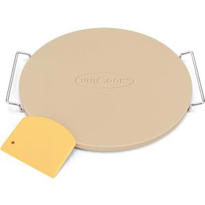 Unicook Round Pizza Stone for Oven and Grill 16 Inch, Oven Baking Stone for Bread, Cordierite Pizza Pan for Baking Crispy Bread and Cookies, Includes Carry Rack and Dough Scraper
