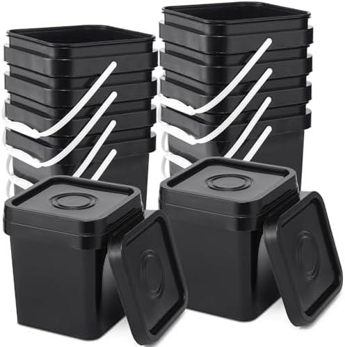 Suzile 10 Pcs Food Grade Square Bucket with Lid 1 Gallon Plastic Bucket 4.5L Utility Industrial Pail with Handle Container for Food Oil Tub Water Fishing Paint House Cleaning Car Washing (Black)