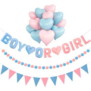 Gender Reveal Banner Set with Pre-Strung 3D Boy or Girl Felt Banner, Pom Pom Garland, Triangle Fabric Bunting, 12 PCS Pink Blue Heart Shaped Balloons, Baby Shower Decorations for Girls Boys Twins