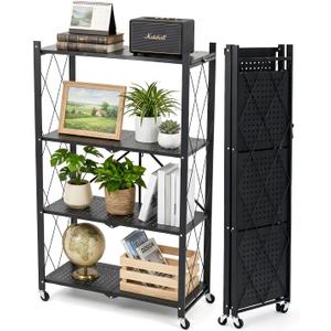 COKIHOM 4 Tier Foldable Storage Shelf, Large Capacity Metal Shelf Rack, Rolling Bookshelf with Wheels, Wire Shelf Organizer for Kitchen, Pantry, Office, Garage, Basement, Black