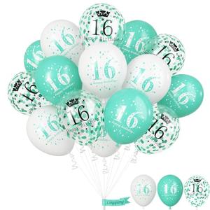 Happy 16th Birthday Balloons Girls, 15pcs Teal White 16th Birthday Decorations Boys, Turquoise White Confetti 16th Bday Party Balloons for Girl Sweet 16 Years Old Age Birthday Party Decor Supplies