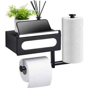 Toilet Paper Holder with Wipes Storage - Wall Mount Bathroom Wipes Holder Black Roll Tissue Holder with Shelf and Drawer for Organizer Wipes Tampon