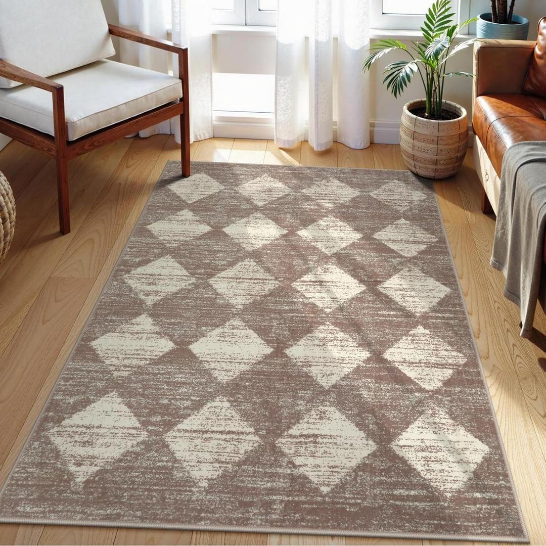 Lahome Moroccan Treills Area Rug - 3x5 Beige Rugs for Living Room Washable Entry Mat, Checkered Modern Soft Pet Friendly Indoor Accent Carport for Coffee Table Bedroom Family Dinning Room Playroom
