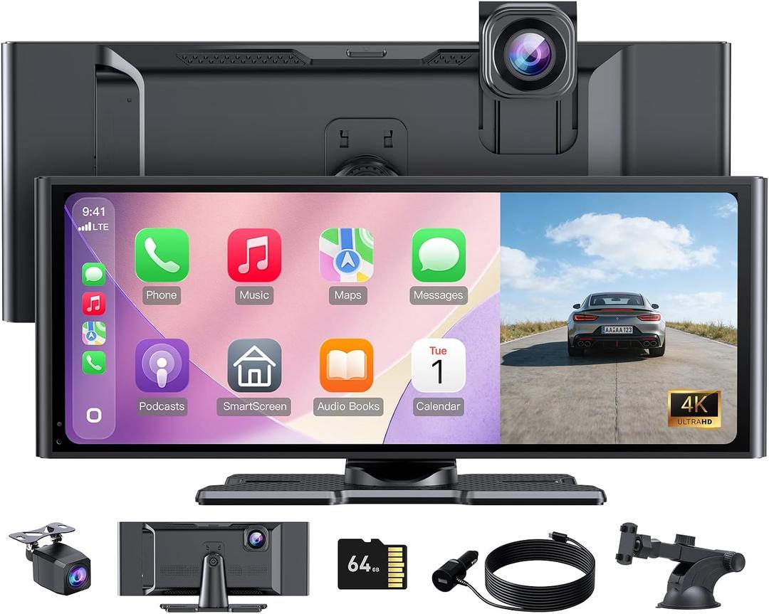 10.26" HD Wireless CarPlay Screen for Carplay & Android Auto Touch Screen,4K Dash Cam,1080P Backup Camera,Mirror Link,Voice Control,GPS,Bluetooth,64G TF,for All Vehicles