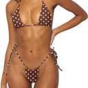 Women Halter String Bikini Set Sexy Thong Cheeky Two Piece Swimsuits Solid Color Bathing Swimwear (Small, Coffee Polka Dots)
