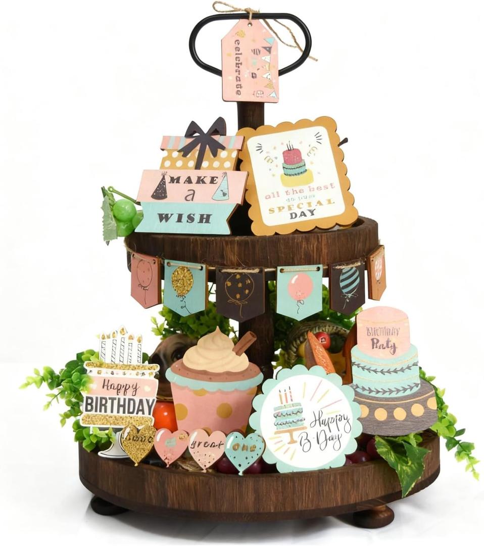 18 Pcs Happy Birthday Tiered Tray Decorations - Farmhouse Table Decor Tray Decor, Wooden 3D Decor Accents for Home, Shelf, and Party