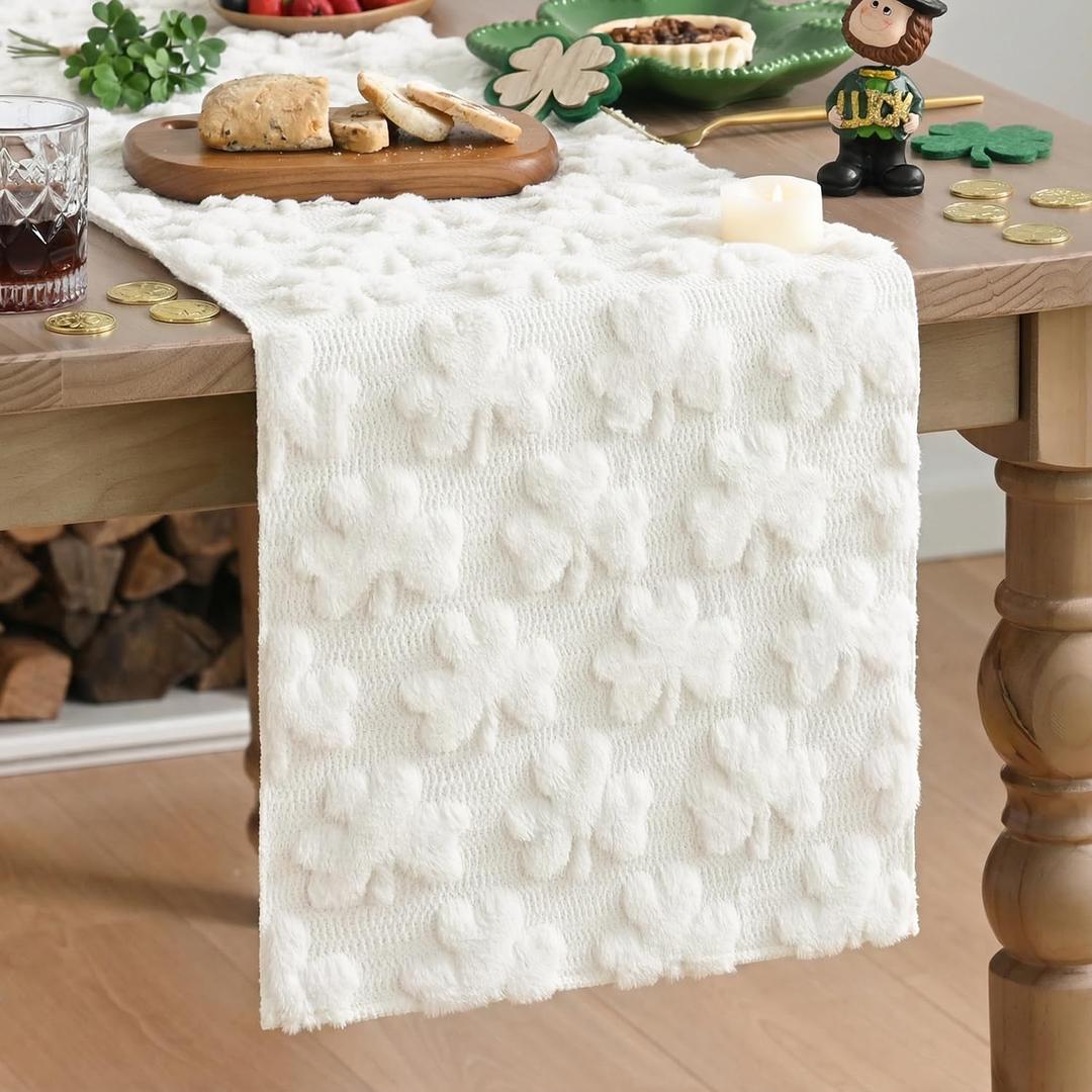 Artoid Mode White Soft Plush Faux Fur Jacquard Lucky Clover St. Patrick's Day Table Runner, Seasonal Spring Kitchen Dining Table Decoration for Home Party Decor 13x72 Inch